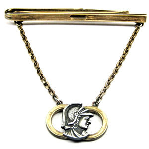 Gold Nu-Lok Warrior Tie Clip Chain Pendant Pewter Spartan Head Men Vintage Wear